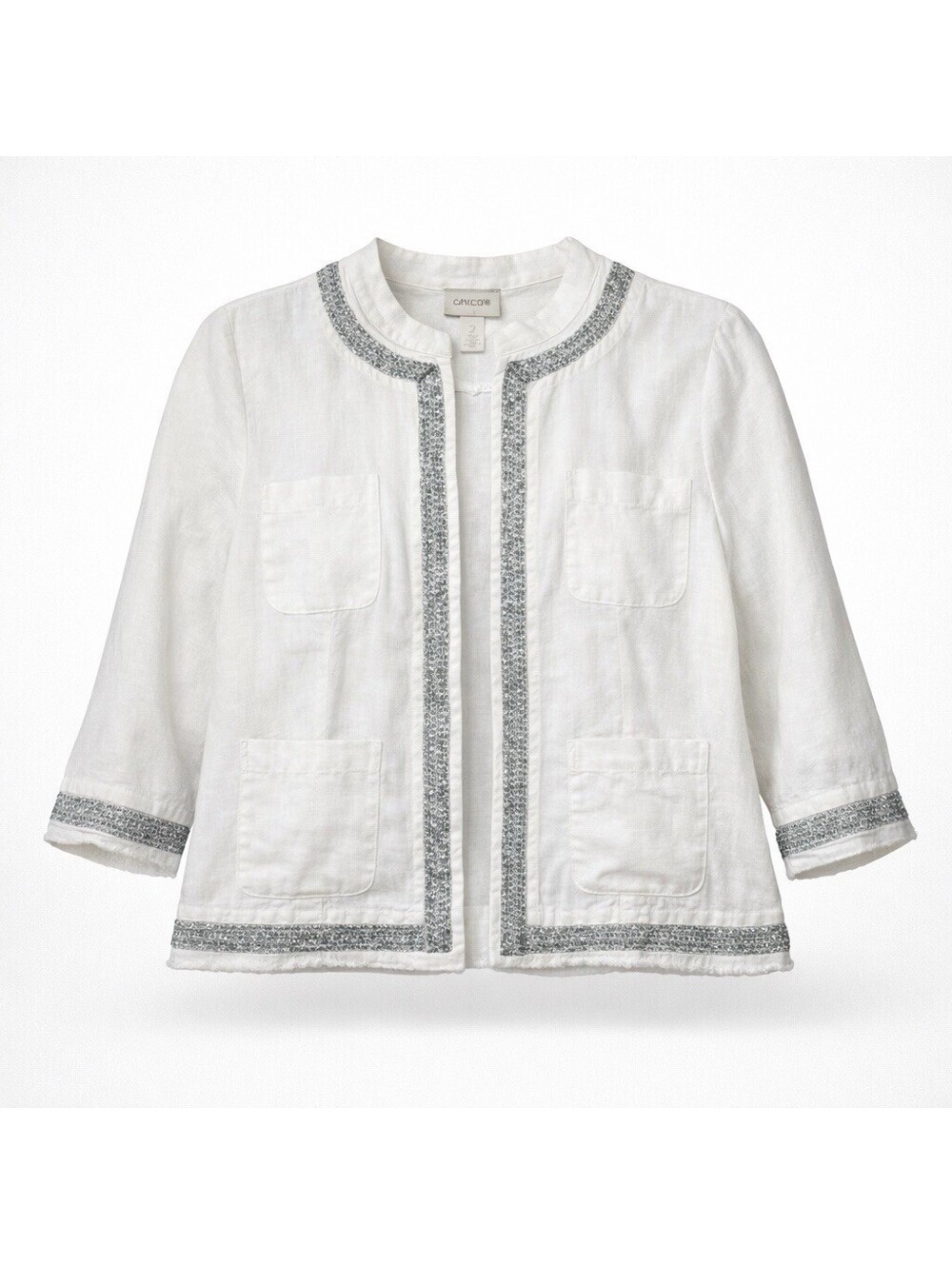 Chico’s Linen Jacket Womens Size 2 White Beaded Trim 3/4 Sleeve Lightweight EUC